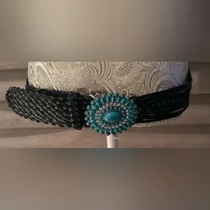 Black Vegan Leather Belt with Gold & Turquoise Accents Black Leather Belt with Gold & Turquoise Accents main image 3